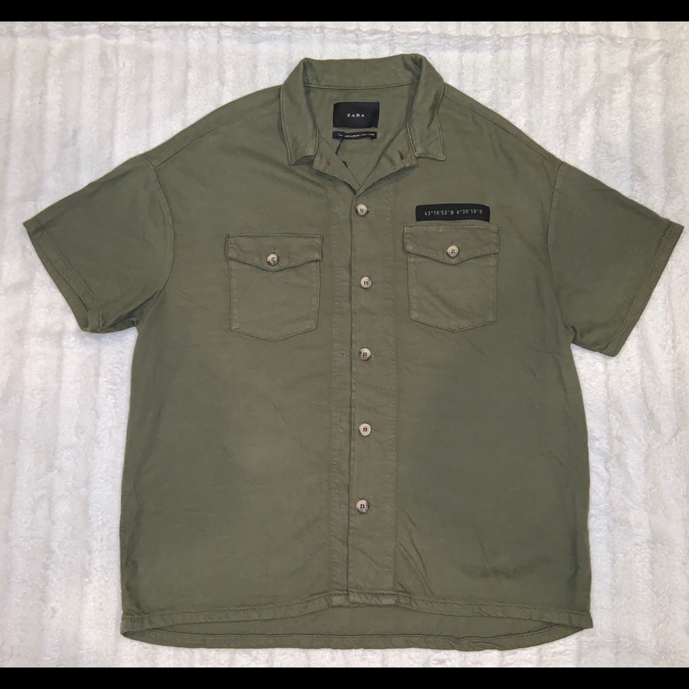 Zara Man Green Casual Polo Button Up Patch Detail